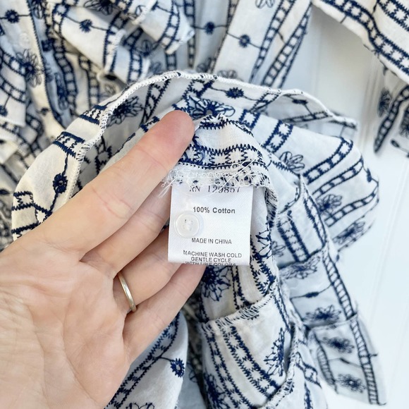 The Shirt Rochelle Behrens Dress Smock Ruffle Navy White Aztek Floral Mini - Picture 3 of 6